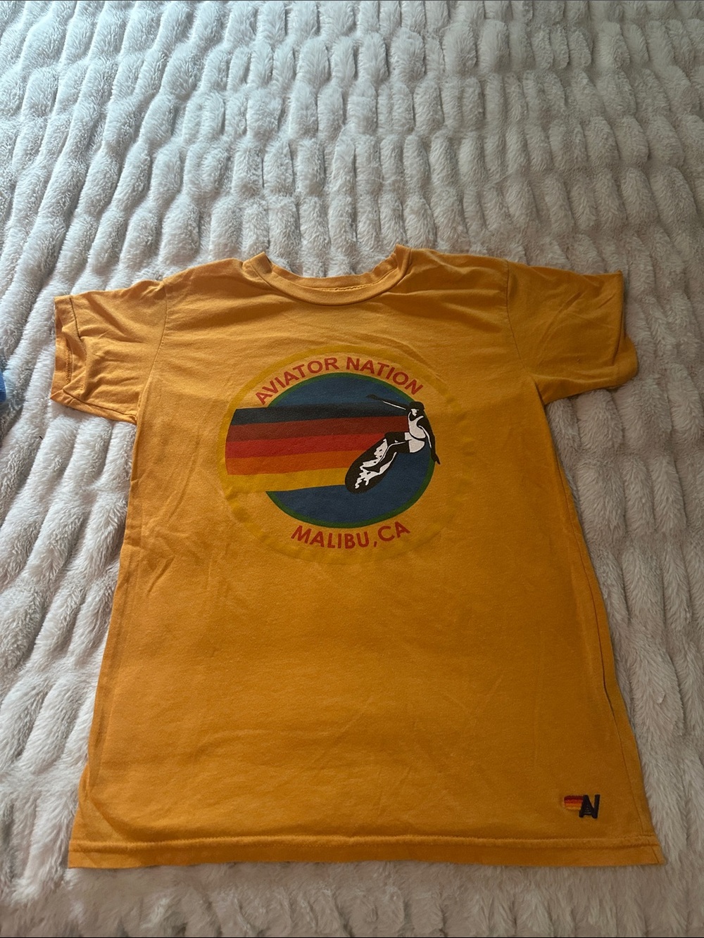 Aviator Nation Retro Stripe Graphic Tee - Mustard Yellow Womens S Kids 14